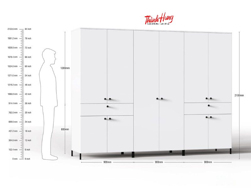 Kích thước tiêu chuẩn tủ quần áo 6 cánh