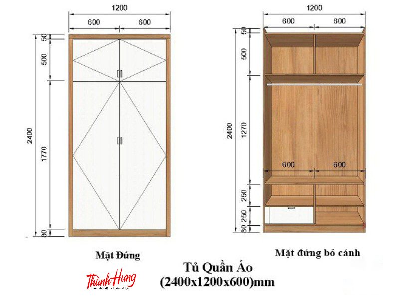 Kích thước tủ quần áo 2 cánh 2 buồng