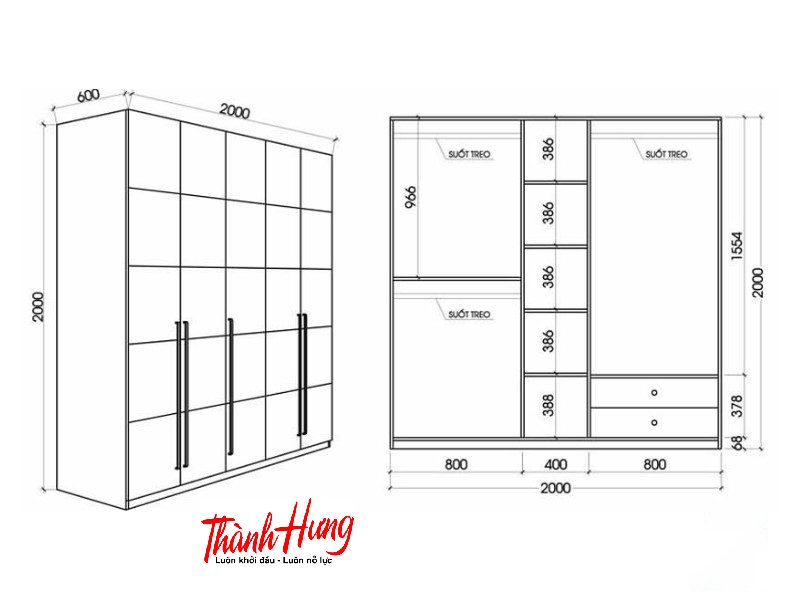 Kích thước tủ quần áo 5 cánh tiêu chuẩn