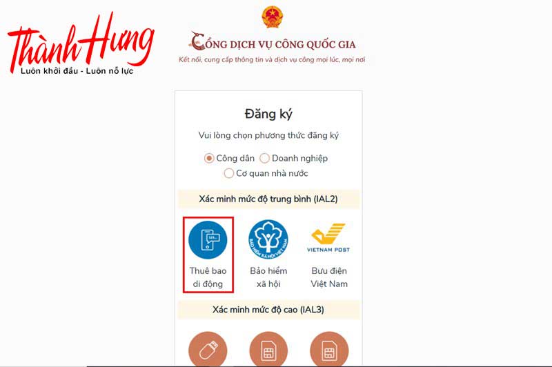 Chọn phương thức đăng ký là Công dân Chọn phương thức đăng ký là Công dân